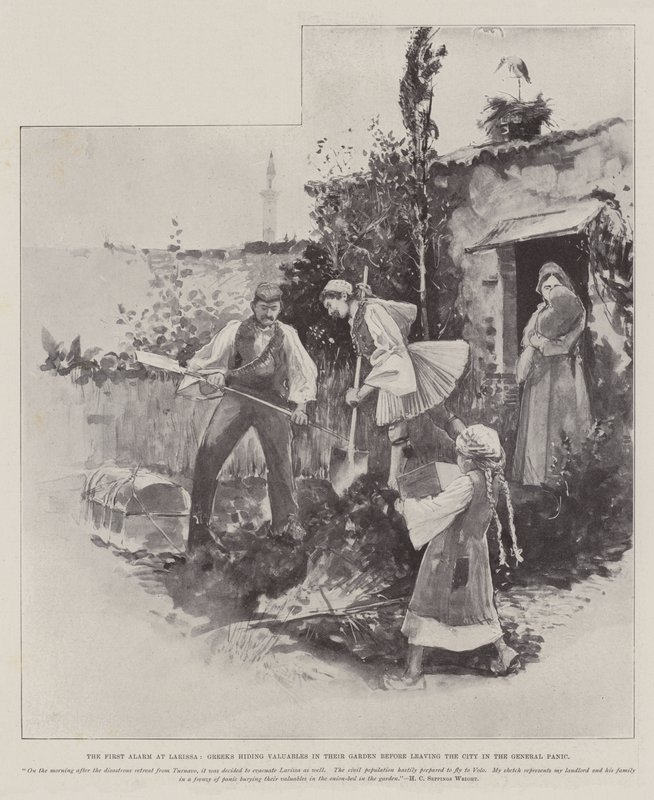 Il primo allarme a Larissa, greci che nascondono oggetti di valore nel loro giardino prima di lasciare la città nel panico generale da Henry Charles Seppings Wright