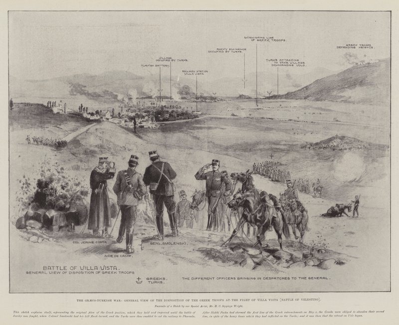 La guerra greco-turca, vista generale della disposizione delle truppe greche nella battaglia di Villa Vista (Battaglia di Velestino) da Henry Charles Seppings Wright