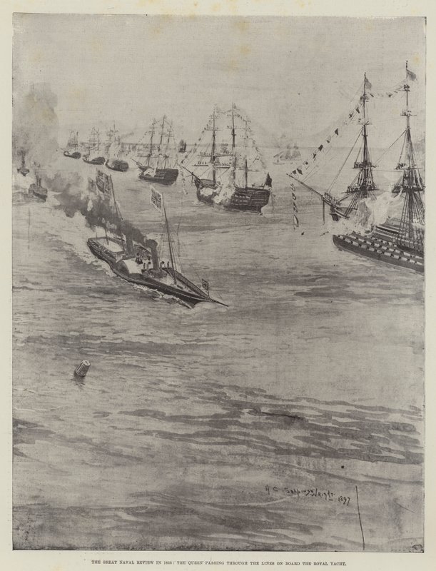 La grande rassegna navale del 1856, la regina che passa tra le linee a bordo dello yacht reale da Henry Charles Seppings Wright
