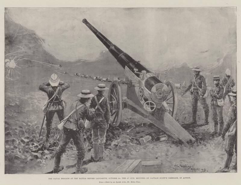 La brigata navale nella battaglia prima di Ladysmith, 30 ottobre, il cannone da 4,7, montato sul carro di Captain Scott, in azione da Henry Charles Seppings Wright