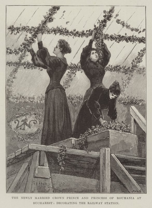 Il principe ereditario e la principessa di Romania appena sposati a Bucarest, decorando la stazione ferroviaria da Henry Charles Seppings Wright