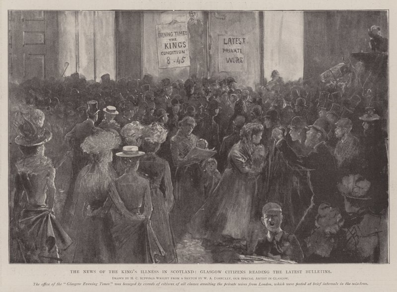 La notizia della malattia del re in Scozia, cittadini di Glasgow che leggono gli ultimi bollettini da Henry Charles Seppings Wright