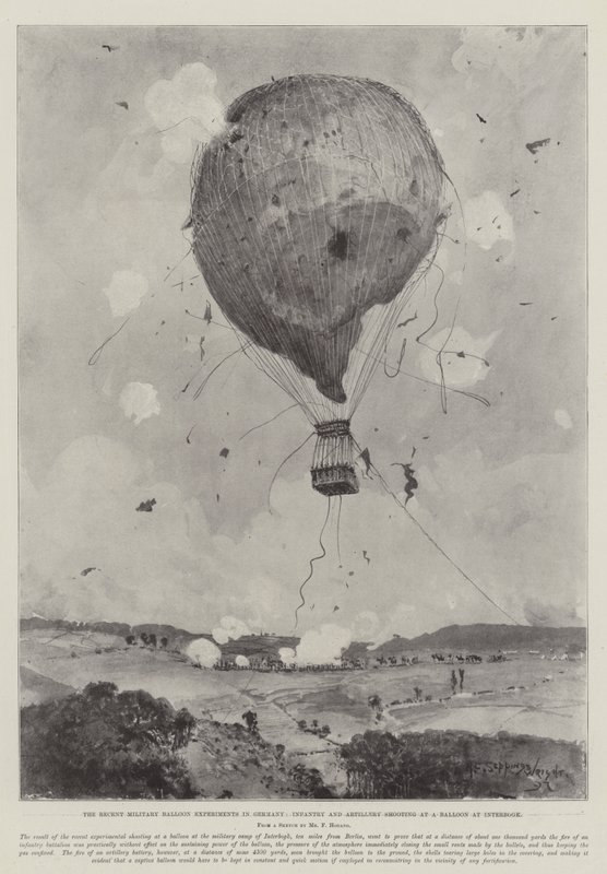 I recenti esperimenti con palloni militari in Germania, fanteria e artiglieria che sparano a un pallone a Interbogk da Henry Charles Seppings Wright