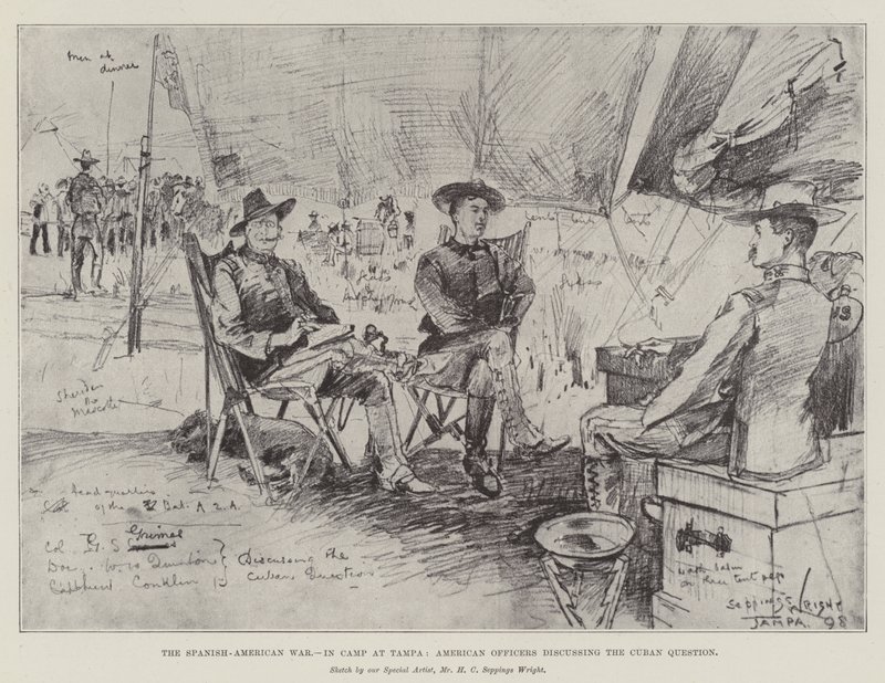La guerra ispano-americana, nel campo a Tampa, ufficiali americani discutono la questione cubana da Henry Charles Seppings Wright