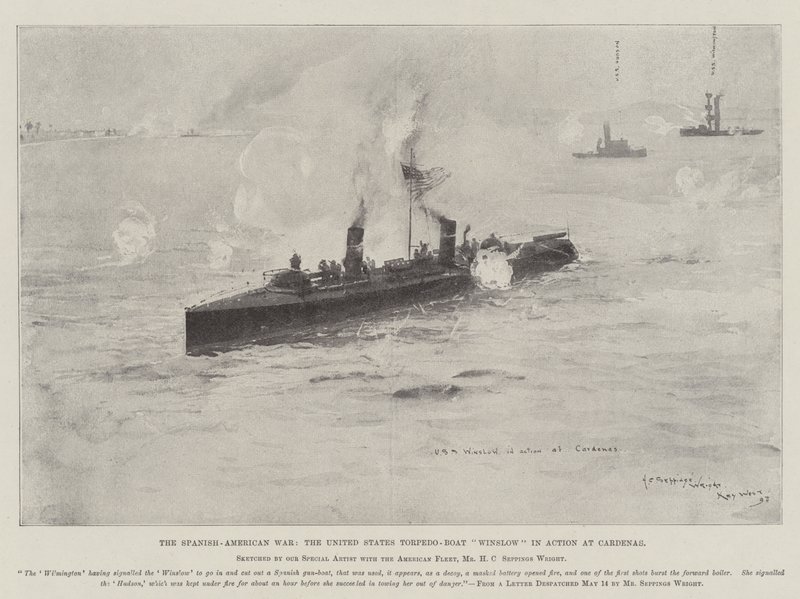 La guerra ispano-americana, il torpediniere Winslow degli Stati Uniti in azione a Cardenas da Henry Charles Seppings Wright