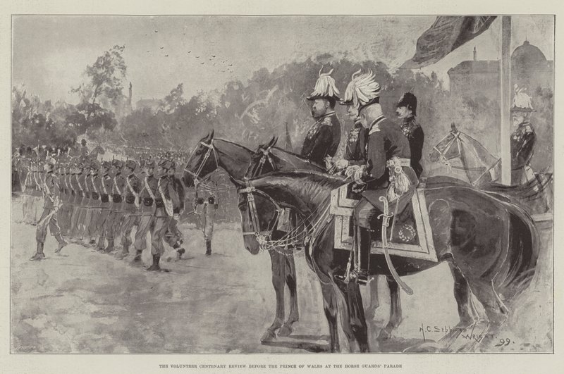 La revisione del centenario dei volontari davanti al Principe di Galles alla parata delle Guardie a Cavallo da Henry Charles Seppings Wright