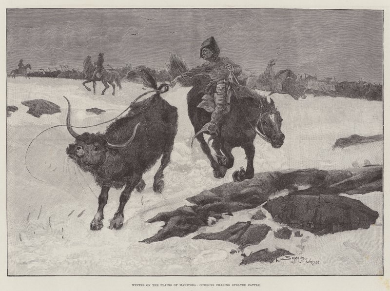 Inverno nelle pianure del Manitoba, cowboy che inseguono bestiame disperso da Henry Charles Seppings Wright