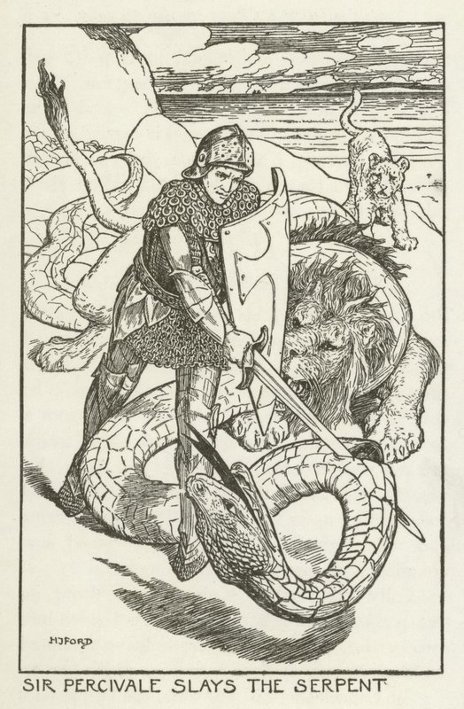 Sir Percivale uccide il serpente da Henry Justice Ford