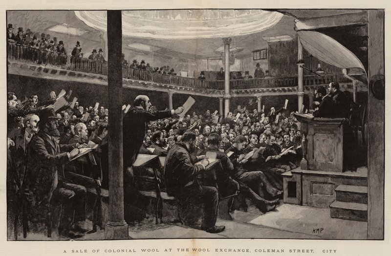 Vendita di lana coloniale alla Wool Exchange, Coleman Street, City da Henry Marriott Paget