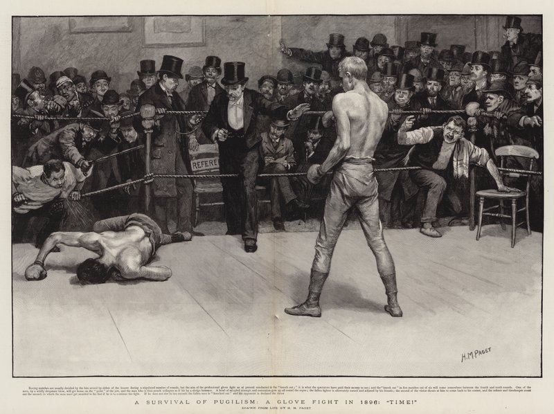 Sopravvivenza del pugilato, un combattimento con i guanti nel 1896, Tempo! da Henry Marriott Paget