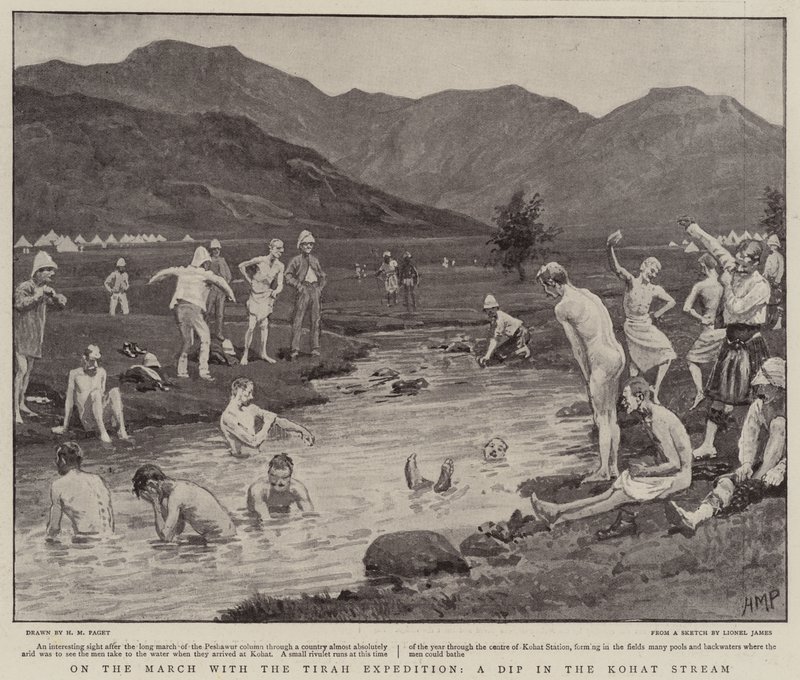 In Marcia con la Spedizione di Tirah, un Tuffo nel Torrente Kohat da Henry Marriott Paget