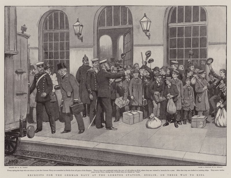 Reclute per la Marina tedesca alla stazione Lehrter, Berlino, in viaggio verso Kiel da Henry Marriott Paget