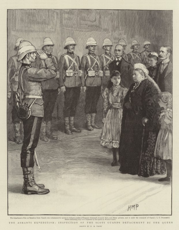 La spedizione Ashanti, ispezione del distaccamento delle Guardie Scozzesi da parte della Regina da Henry Marriott Paget