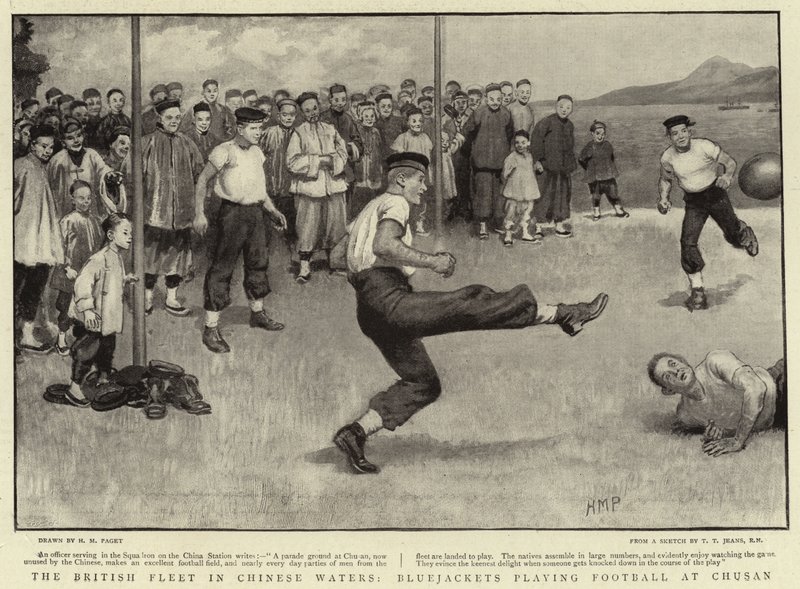 La flotta britannica in acque cinesi, marinai che giocano a calcio a Chusan da Henry Marriott Paget