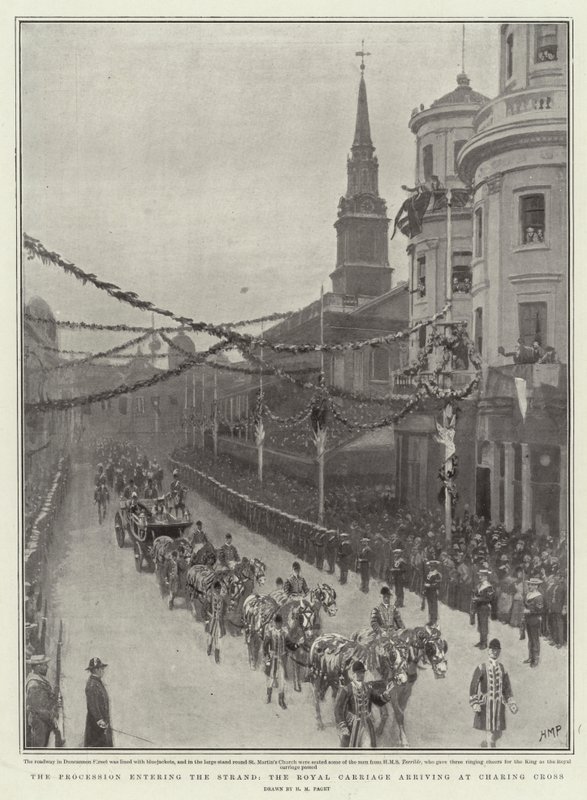 La processione che entra nello Strand, la carrozza reale che arriva a Charing Cross da Henry Marriott Paget
