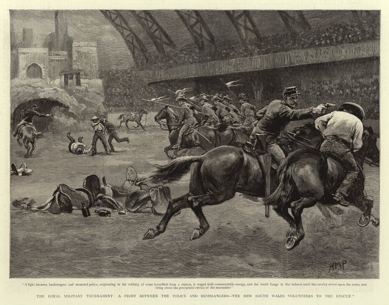 Il torneo militare reale, una lotta tra la polizia e i bushrangers, i volontari del Nuovo Galles del Sud al soccorso da Henry Marriott Paget