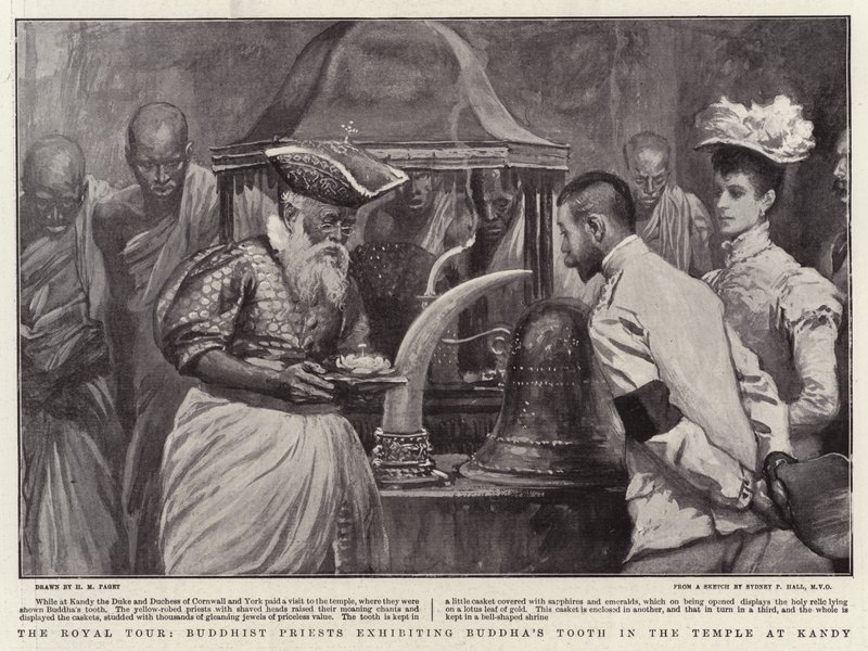 Il tour reale, sacerdoti buddisti che espongono il dente di Buddha nel tempio di Kandy da Henry Marriott Paget