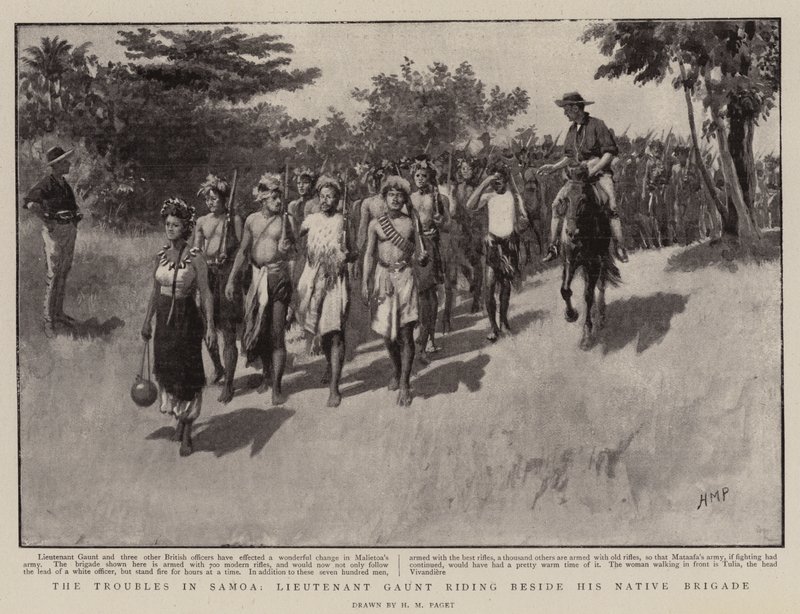 I problemi a Samoa, il Tenente Gaunt cavalca accanto alla sua Brigata Nativa da Henry Marriott Paget