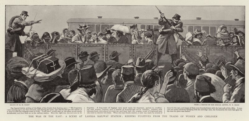 La guerra in Oriente, una scena alla stazione ferroviaria di Larissa, tenendo lontani i fuggitivi dai treni di donne e bambini da Henry Marriott Paget