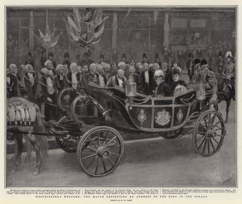 Il Benvenuto di Westminster, il Sindaco che presenta un Indirizzo al Re nella Strand da Henry Marriott Paget