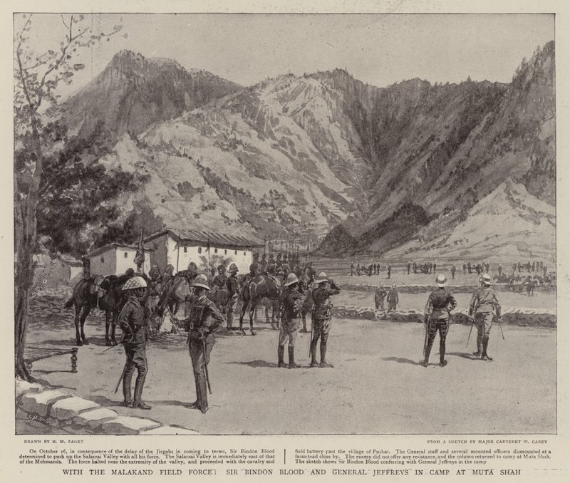 Con la Malakand Field Force, Sir Bindon Blood e il generale Jeffreys nel campo di Muta Shah da Henry Marriott Paget