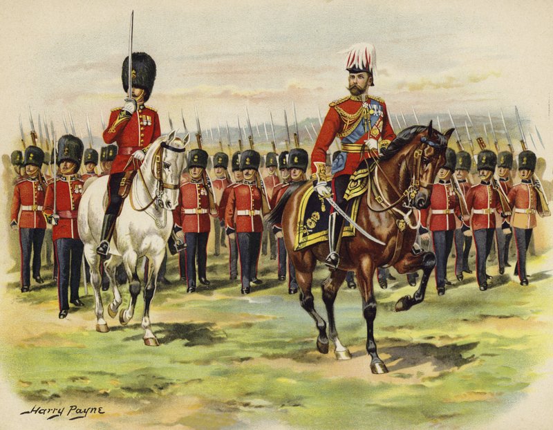 Re Giorgio V come Principe di Galles che guida il suo reggimento, i Royal Fusiliers, ad Aldershot da Henry Payne