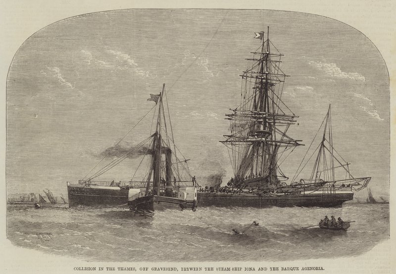 Collisione nel Tamigi, al largo di Gravesend, tra la nave a vapore Iona e il barca Agenoria da Henry Spernon Tozer