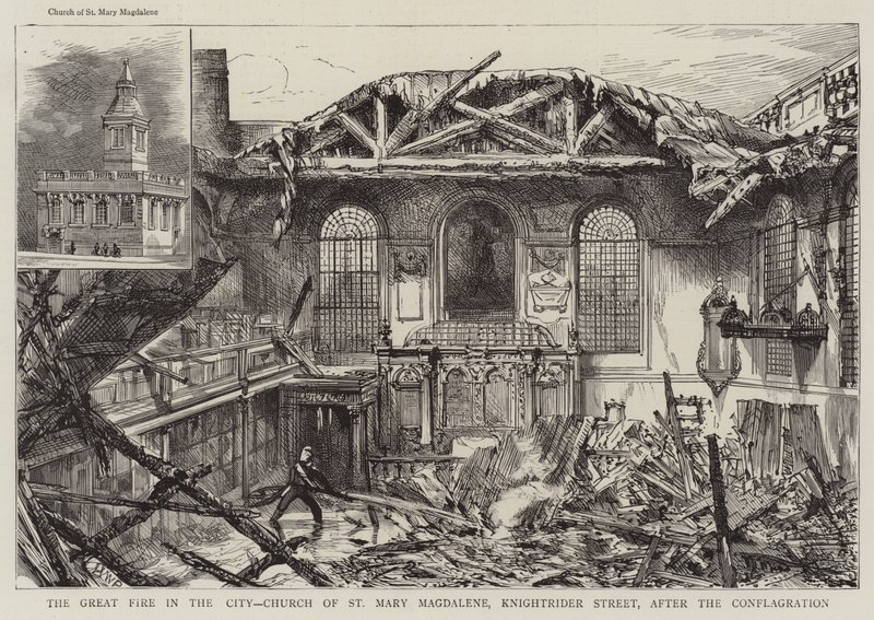 Il grande incendio nella città, Chiesa di Santa Maria Maddalena, Knightrider Street, dopo il conflagration da Henry William Brewer