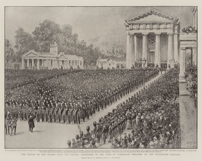 Il ritorno delle guardie dal Sudan, rispondendo al benvenuto del Duca di Cambridge ai Wellington Barracks da Henry William Brewer
