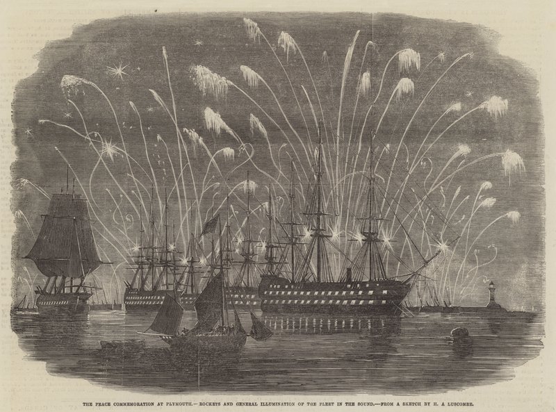 La commemorazione della pace a Plymouth, razzi e illuminazione generale della flotta nel Sound da Henry A. Luscombe
