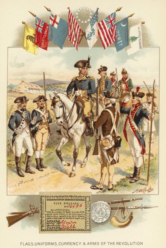 Bandiere, Uniformi, Valuta e Armi della Rivoluzione (litografia a colori) da Henry Alexander (after) Ogden