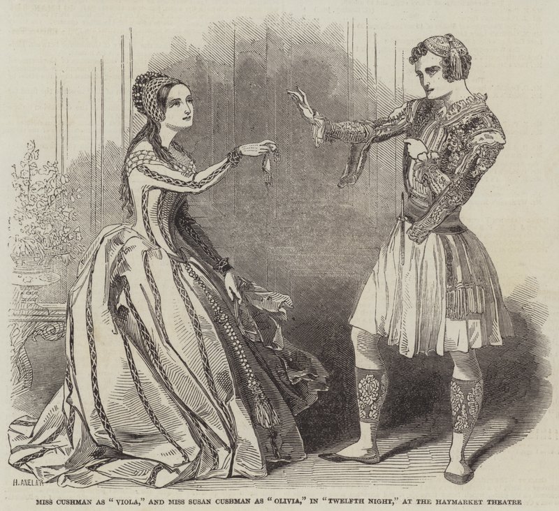 Miss Cushman come Viola e Miss Susan Cushman come Olivia, in La dodicesima notte, al Haymarket Theatre da Henry Anelay