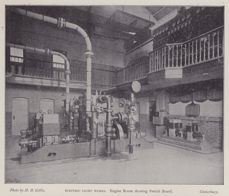 Sala macchine che mostra il quadro elettrico, Electric Light Works, Canterbury, Kent (foto b/n) da Henry Beauchamp Collis