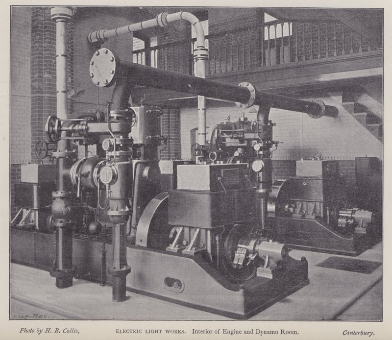 Interno della sala motori e dinamo, Electric Light Works, Canterbury, Kent da Henry Beauchamp Collis