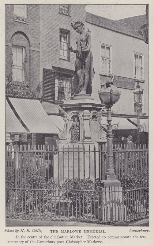 Memoriale al drammaturgo e poeta Christopher Marlowe, Buttermarket, Canterbury, Kent (foto in b/n) da Henry Beauchamp Collis