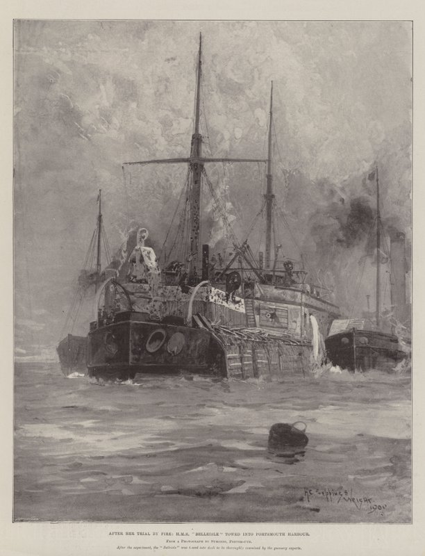 Dopo il suo processo per fuoco, HMS Belleisle rimorchiata nel porto di Portsmouth da Henry Charles Seppings Wright