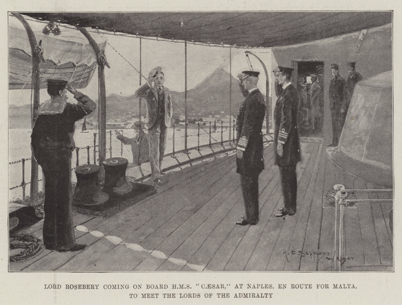 Lord Rosebery che sale a bordo della HMS Caesar, a Napoli, in rotta per Malta, per incontrare i Lord dell