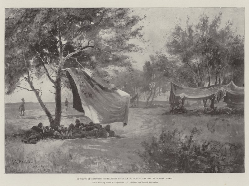 Avamposti degli Highlanders di Seaforth che bivaccano durante il Giorno al Fiume Modder da Henry Charles Seppings Wright