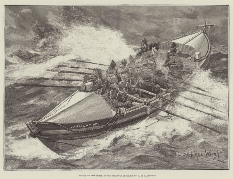 Salvataggio di pescatori da parte della barca di salvataggio Sunlight No 1, a Llandudno da Henry Charles Seppings Wright