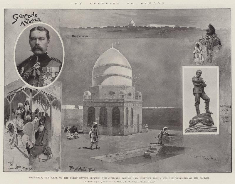 La vendetta di Gordon, Omdurman, la scena della grande battaglia tra le truppe britanniche ed egiziane combinate e i dervisci del Sudan da Henry Charles Seppings Wright
