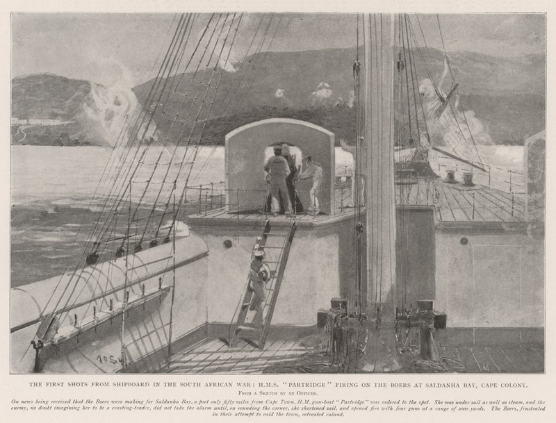 I primi colpi da bordo nave nella guerra sudafricana, HMS Partridge che spara sui Boeri a Saldanha Bay, Colonia del Capo da Henry Charles Seppings Wright