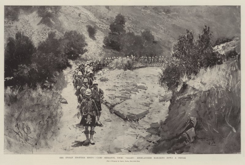 La rivolta della frontiera indiana, Campo Sheranni, Valle di Tochi, Highlanders che marciano in una gola da Henry Charles Seppings Wright