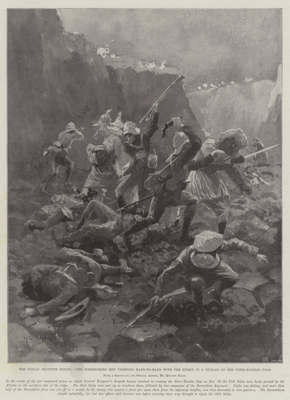 La rivolta della frontiera indiana, gli uomini del Dorsetshire combattono corpo a corpo con il nemico in un Nullah sul passo Tseri-Kandao da Henry Charles Seppings Wright
