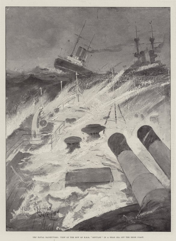 Le manovre navali, vista della prua della HMS Repulse in mare agitato al largo della costa irlandese da Henry Charles Seppings Wright