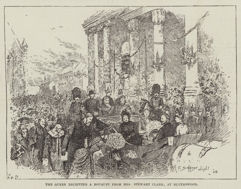 La regina riceve un bouquet da Mrs Stewart Clark, a Blythswood da Henry Charles Seppings Wright