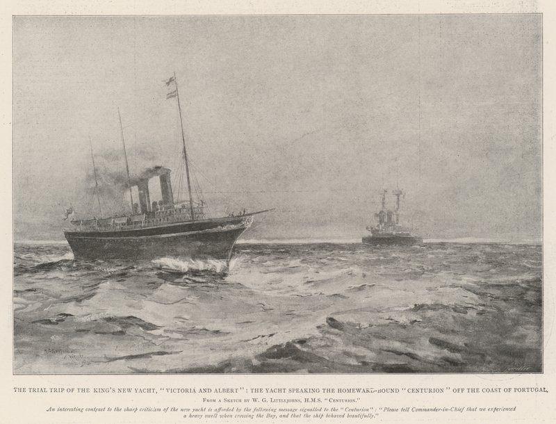 Il viaggio di prova del nuovo yacht del re, Victoria e Albert, lo yacht che parla con il Centurion di ritorno a casa al largo della costa del Portogallo da Henry Charles Seppings Wright