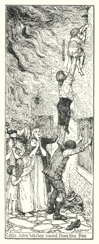 Il piccolo John Wesley salvato dal fuoco (litografia) da Henry Justice Ford