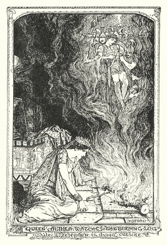 La regina Althea osserva il ceppo ardente mentre Meleagro muore fuori (litografia) da Henry Justice Ford