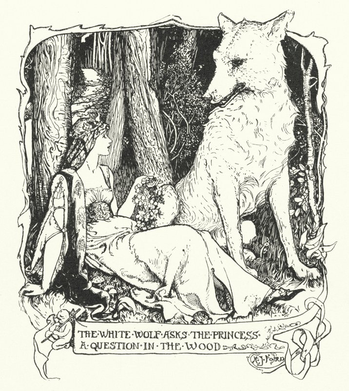 Il lupo bianco fa una domanda alla principessa nel bosco (incisione) da Henry Justice Ford