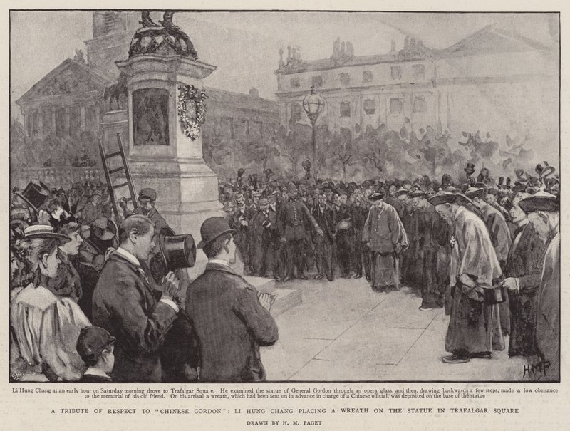 Un tributo di rispetto a Gordon cinese, Li Hung Chang depone una corona sulla statua in Trafalgar Square da Henry Marriott Paget
